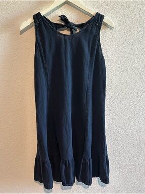 Terzo Millennio Linen Dress Small Navy Blue Made in Italy Tie Back Ruffle Hem